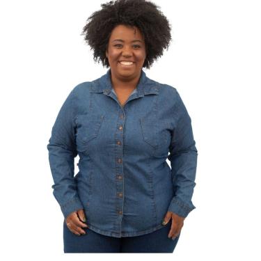Imagem de Camisa Jeans Fem Plus Size com Lycra Manga longa