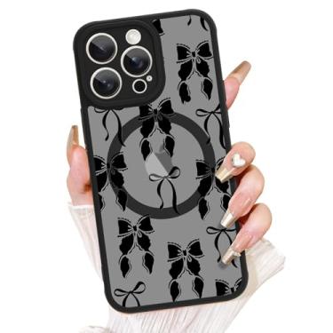 Imagem de AIGOMARA Capa para iPhone 14 Pro Max, compatível com MagSafe, linda estampa de laço com capa de telefone fosca semitransparente para mulher Gilrs TPU macio e PC capa protetora traseira fina preta