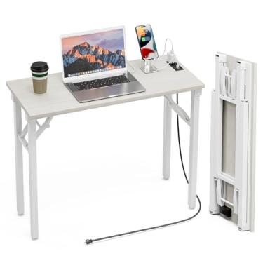 Imagem de TEMI Mesa dobrável pequena para computador – sem montagem, mesa dobrável compacta de 91 cm com tomadas de energia e porta de carregamento USB, mesa de escritório pequena portátil, mini mesa de estudo