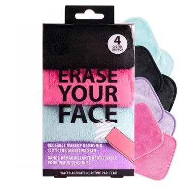 Imagem de ERASE YOUR FACE Panos removedores de maquiagem – Toalhas de rosto de microfibra reutilizáveis para limpar e remover maquiagem – Ativado por água, design de dupla face para fácil uso (4 unidades)