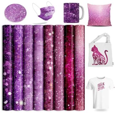 Imagem de Folhas de tinta de transferência infusíveis para copos em branco camisetas, papel de transferência de sublimação roxo com glitter para Cricut Maker Explore Air 2, 8 peças, 12x12