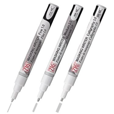 Imagem de Kuretake ESCRITOR DE MASCARAMENTO ZIG, conjunto de 3 variedades, marcador de caneta fluido, fino 1 mm, médio 2 mm, caligrafia com cantos de 3 mm, desenho, tinta aquarela, feito no Japão