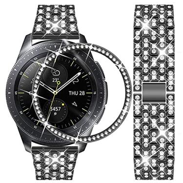 Imagem de DEALELE Pulseiras de substituição compatíveis com Samsung Gear Sport/Galaxy Watch de 42 mm/Galaxy 4 Classic (42 mm), pulseira de metal de aço diamante de strass de luxo com bisel, Preto, 20mm