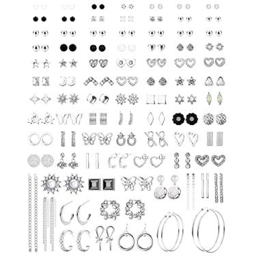 Imagem de LOLIAS 90 pares de brincos para mulheres pacote múltiplo brincos fofos para orelhas sensíveis urso hipoalergênico flor coração bola pérola CZ estrela argola conjunto de brincos, Metal, Zircônia cúbica