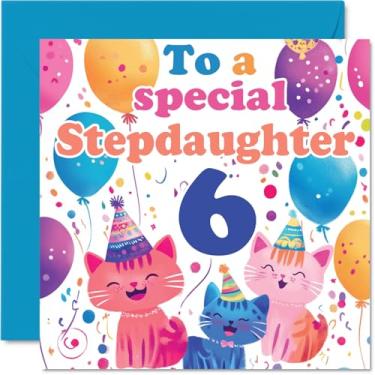 Imagem de Cartão de aniversário 6th Step Daughter - Cute Cats Special Step Daughter - Cartão de feliz aniversário de 6 anos para madrasta da madrasta, 145 mm x 145 mm, 6 anos, seis cartões comemorativos para