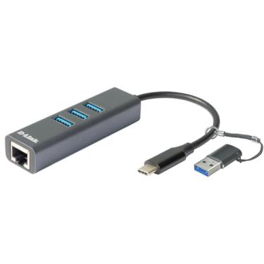 Imagem de D-Link Adaptador DUB-2332 USB-C/USB para Gigabit Ethernet com 3 portas USB 3.0 (USB-C Thunderbolt ou 3.0 para RJ45 Gigabit LAN para PC, MacBook Pro, MacBook Air, iPad Pro, Chromebook, Surface Pro,