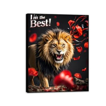 Imagem de Arte de parede de escritório inspiradora leão rugindo com rosas impressão em tela pôsteres inspiradores de animais citações motivacionais imagens para decoração de parede de quarto masculino 80 x 60