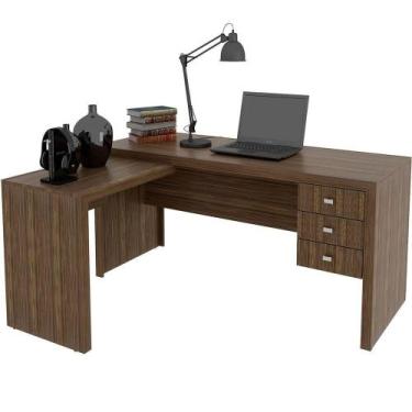 Imagem de Mesa De Canto Para Escritório Em L Angular Com 3 Gavetas Nogal - TECNO