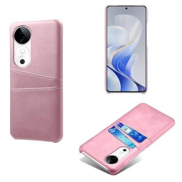 Imagem de Capas Compatível com VIVO S19 5G,Caso de couro PU-Tampa de telefone a prova de choque com 2 slots de cartão,Proteção anti-impressão digital e anti-gota-Pink