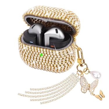 Imagem de Ucharmbead Capa compatível com Samsung Galaxy Buds 3 e Galaxy Buds 3 Pro, capa brilhante de cristal, com cordão brilhante e pingente de chaveiro para mulheres (pingente de borboleta dourada)