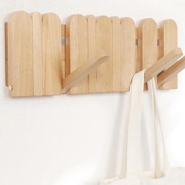 Imagem de KYIAANY Suporte de parede para cabideiro: decoração de parede boho de madeira 6 ganchos cabide de entrada de 40 cm com ganchos magnéticos dobráveis montados, economia de espaço para pendurar bolsa de