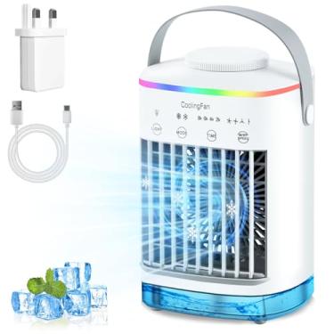 Imagem de Ar condicionado portátil, mini ventilador de refrigeração de ar pessoal 4 em 1 com vento de 4 velocidades, temporizador 2/4/6/8H, tanque de 700 ml, 2 névoas, refrigerador evaporativo adequado para