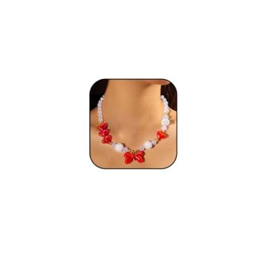 Imagem de Colar de coração vermelho para mulheres, grosso, dourado, coração, pérola, corações, gargantilhas, colares coloridos, colares gargantilhas de casamento, joias de Natal, Large Size, Metal, Sem Pedra