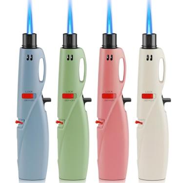 Imagem de Samniu Pacote com 4 isqueiros de tocha de butano, à prova de vento e recarregáveis, com trava de segurança para vela, churrasqueira, fogão, fogo de artifício (sem gás)