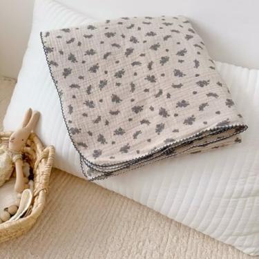 Imagem de BuLuTu Cobertor de bebê floral chique gasto 100 x 128 cm, cobertor de algodão de musselina de camada dupla para meninas e meninos, colcha de bebê grande 100% algodão, cobertores de berçário com