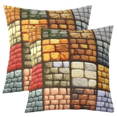 Imagem de Pixelated Capa de almofada de jogos temáticos pacote com 2, capas de almofada de parede de grade geométrica para crianças meninos adolescentes marrom cinza cama sala de estar sofá decoração fronhas