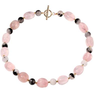 Imagem de Jewever Colar de quartzo rosa bruto/quartzo rutilado preto com contas de proteção com pedras caídas e cristais colares para mulheres com fecho articulado joias presentes de amor, Gema, Quartzo rosa