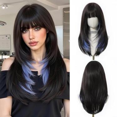 Imagem de Esmee Perucas longas retas pretas e marrons para mulheres com franja Cabelo sintético de aparência natural única azul pontas de cabelo peruca para uso diário e festa