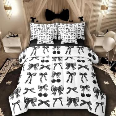 Imagem de Jogo de cama king size com laço de cereja e laço preto e branco, 7 peças, fita de seda, decoração de quarto de princesa sonhadora, decoração de quarto fofo, estética kawaii