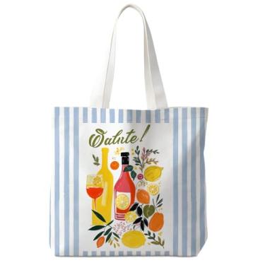 Imagem de VIIJJUE Sacola de vinho Italian Salute Cheers, presentes italianos para amantes de álcool, sacola de lona listrada azul, frutas coloridas, vinho italiano, reutilizável, sacola de compras