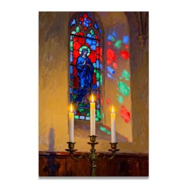 Imagem de LKXGRRSFG Impressão em tela de Natal impressionista com janela manchada, paisagem nevada de inverno, arte de parede festiva 80 x 120 cm sem moldura