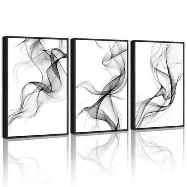 Imagem de KUVIOKE Arte de parede emoldurada abstrata em preto e branco com tinta pastel para decoração de parede moderna transparente neblina ilustração pintura artística para quarto sala de jantar 30,5 x 40,6