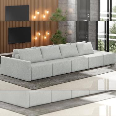 Imagem de Sofá Ilha Modulado Milos 432cm Puff Lateral Linho Cinza Claro G33 - Gran Belo