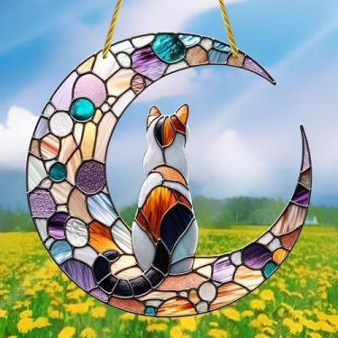 Imagem de 1 peça para pendurar cata-sol acrílico gato na lua crescente, decoração de janela de 13 cm com design de estilo vitral impresso, arte de parede de criador de arco-íris, ideia de presente e ornamento