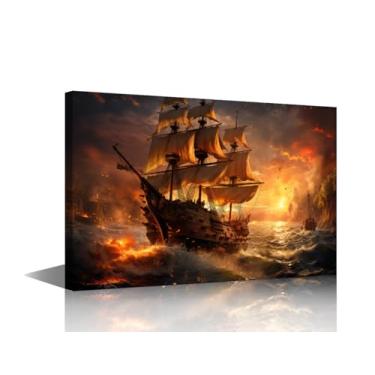 Imagem de TUMOVO Arte de parede de fantasia para sala de estar, navio pirata no mar, escritório, decoração de parede, impressão em tela, veleiro, náutico, arte moderna para quarto, banheiro, veleiro, emoldurado
