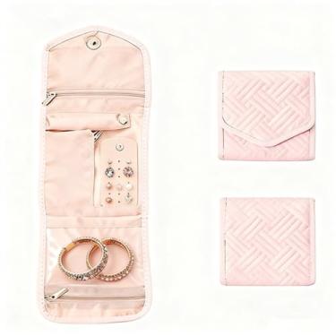 Imagem de Bestac Bolsa organizadora de joias, estojo de viagem compacto para anéis, colares, brincos e pulseiras, portátil e dobrável (rosa)