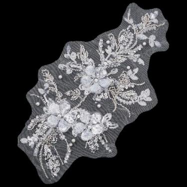 Imagem de letsinstyle Aplique de renda bordado de flores de lantejoulas, apliques florais bordados de lantejoulas com strass, apliques de poliéster para casamento, vestido de noiva, vestido de festa, roupas