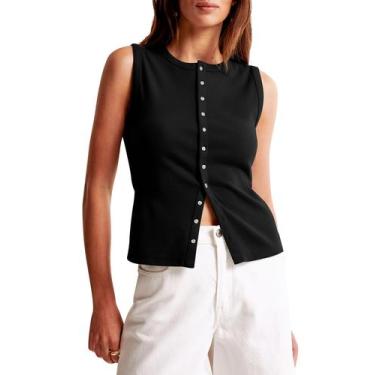 Imagem de Camiseta regata feminina BAIGRAM com botões, canelada, preta, verão