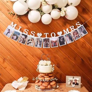 Imagem de Faixa fotográfica Miss To Mrs - Cartolina branca para decoração Bride to Be, decorações de despedida de solteira, banner Miss to Mrs, festa de fundo de chá de casamento