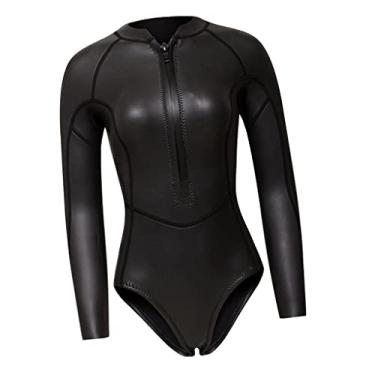 Imagem de Maiô feminino de neoprene de manga comprida com zíper | peso e FPS 50+íon | para mergulho, surfe e natação | PP-G preto brilhante PP