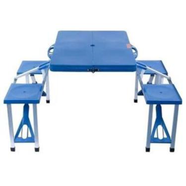 Imagem de Mesa Camping Praia Com 4 Cadeiras Dobravel Vira Maleta Portatil Mesinha Estudo Crianças Com Banquinhos