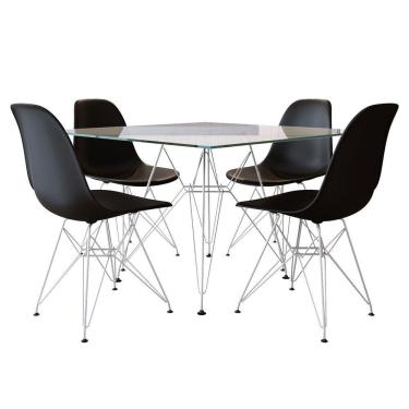 Imagem de Mesa De Jantar Vidro Com 4 Cadeiras Pretas Eames Eiffel Quadrada 90Cm Base Ferro Branco