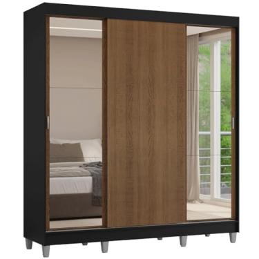 Imagem de Guarda-roupa Casal com Pés 3 Portas de Correr com Espelhos Preto/rustic Reno Madesa