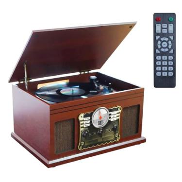 Imagem de VEDO Toca-Discos 10 em 1 com Bluetooth: Giradiscos 3 Velocidades para Vinil, Conversor LP/MP3, CD, Cassete, Rádio FM - Madeira Mogno e Alto-Falantes | Presente Retro para Colecionadores 110v/220v