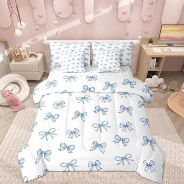 Imagem de Castle Fairy Jogo de lençol casal com estampa de gravata borboleta fofa de desenho animado azul reversível de 7 peças, estilo princesa e edredom romântico, lençol com elástico e lençol de cima