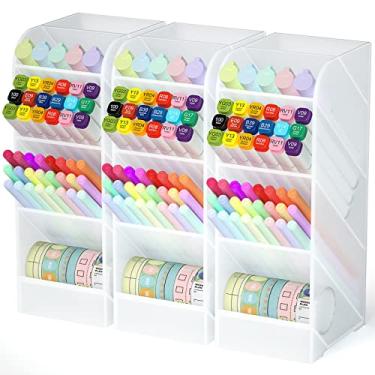 Imagem de Asten Porta-canetas, porta-lápis para mesa, organizador de canetas para escritório, escola, mesa, organizador de canetas de grande capacidade com 5 compartimentos para canetas, marcadores, pincel de maquiagem, cosméticos (transparente, pacote com 3)