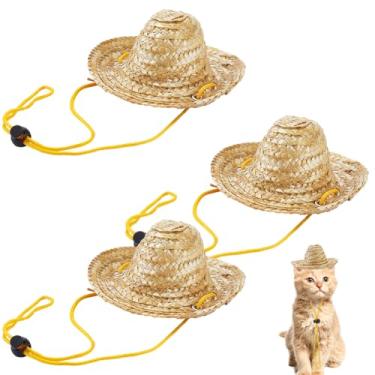 Imagem de AHANDMAKER Pacote com 3 mini chapéus sombrero natural ajustável chapéu de palha gato chapéu de praia para cães pequenos, fantasia de animal de estimação, decoração de festival, festa ao ar livre, 11,7