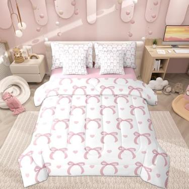 Imagem de Castle Fairy Jogo de lençol casal reversível com laço feminino, 7 peças, estilo princesa rosa aquarela, gravata borboleta, amor e coração, lençol com elástico e lençol de cima