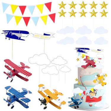 Imagem de 26Pcs Airplane Cake Topper Airplane Figurine Cake Decorations Airplane Theme Happy Birthday Cake Decorations for Baby Shower Party Supplies