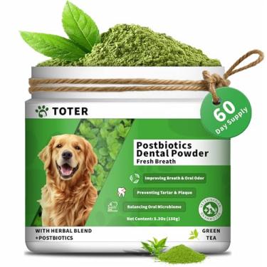 Imagem de Pó dental para cães, pó de limpeza de dentes de cães, hálito fresco e removedor de tártaro, cuidados dentários para cães com mistura natural de ervas + pós-bióticos (chá verde - 60 porções)