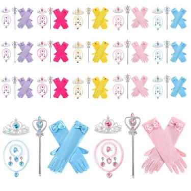 Imagem de ZJRUI 105 peças de acessórios de festa de fantasia de princesa, incluindo luvas de fantasia, princesa, coroa, varinha, colar, pulseira e anel para meninas (5 cores x conjunto de 3)