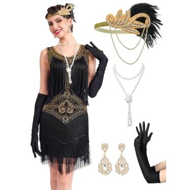 Imagem de RRYIO Vestidos melindrosa anos 1920 para mulheres, vestidos de renda com decote em V, vestidos Gatsby com franjas ruidosos dos anos 20 (ouro preto, P)