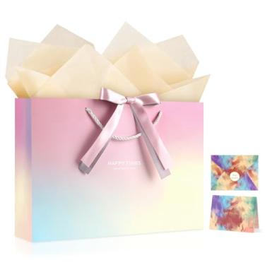 Imagem de YoungTree Saco de presente grande com papéis de seda e 1 cartão de felicitações fita de 2 cores, sacos de presente rosa, bolsa de presente de aniversário de papel portátil com alças, sacolas de