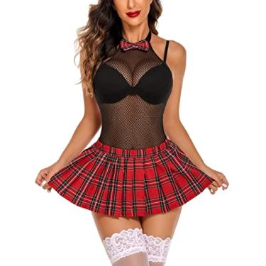 Imagem de Avidlove Conjunto de lingerie feminina de escola, conjunto de lingerie sexy para estudantes, body e minissaia
