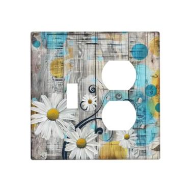 Imagem de BHGAHD Capas de tomada decorativas com margaridas brancas em um design de placa de madeira cinza, capa de placa de parede de 2 gangues, interruptor de luz duplex, combo de interruptor de luz, capa de
