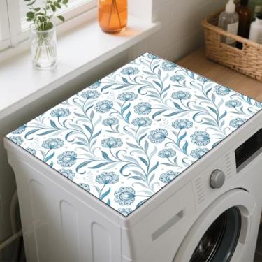 Imagem de GLOBLELAND Capa protetora para máquina de lavar e secar roupa com padrão floral simples 60 × 19 cm, flores azuis, protetor superior para máquina de lavar, capas antiderrapantes para lavanderia, sala